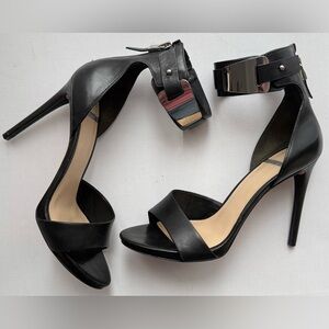 Marciano | Black Stiletto Heel Sandals with Ankle Strap and Silver Hardware